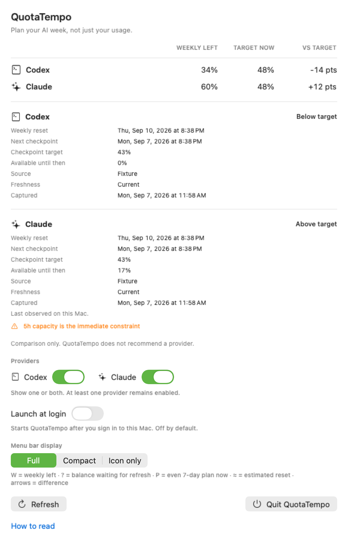 QuotaTempo v0.1.3 English sample screen showing weekly Codex and Claude capacity, current targets, and differences from target.
